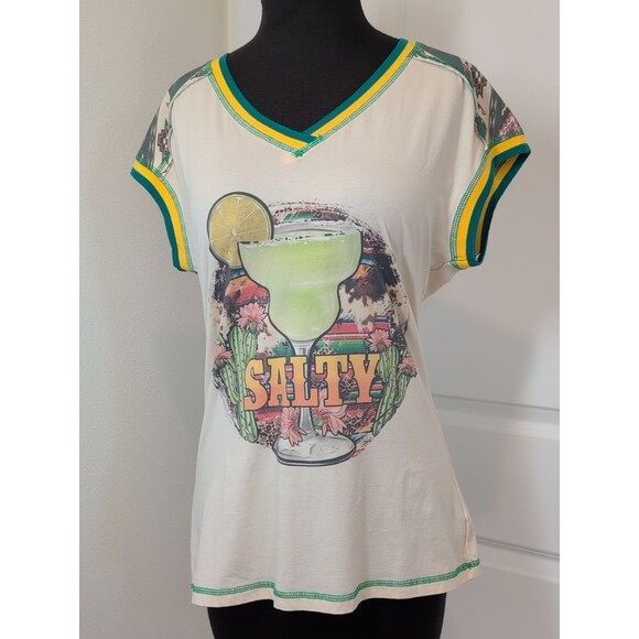 Delilah Wear Tops - Delila Cream V‑Neck Salty Tee with Green and Yellow Trim